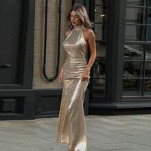 Sexy Sequin Halter Long Dresses Women Elegant Backless Neck Hanging Slim Maxi Dress Fashion Lady Party Everning Split Robes - Vàng - Xem 1