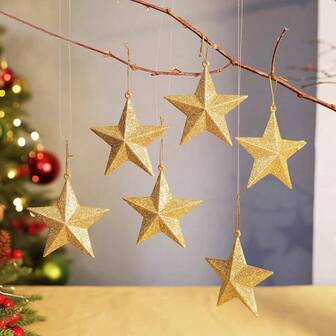 6pcs 8cm Gold Christmas Tree Ornaments, Star Christmas Decorations, Christmas Pentagram Decor Home Decor Room Decor Winter Christmas Decorations Home Christmas Gifts Christmas Decor
