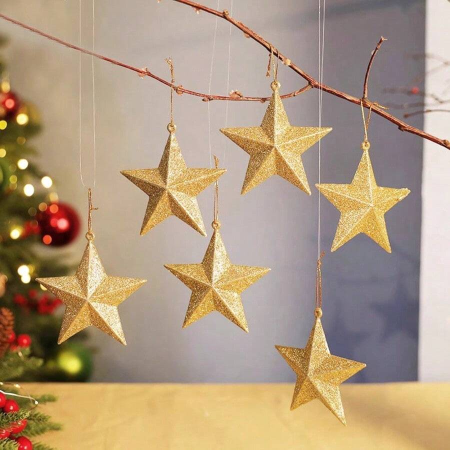 6pcs 8cm Gold Christmas Tree Ornaments, Star Christmas Decorations, Christmas Pentagram Decor Home Decor Room Decor Winter