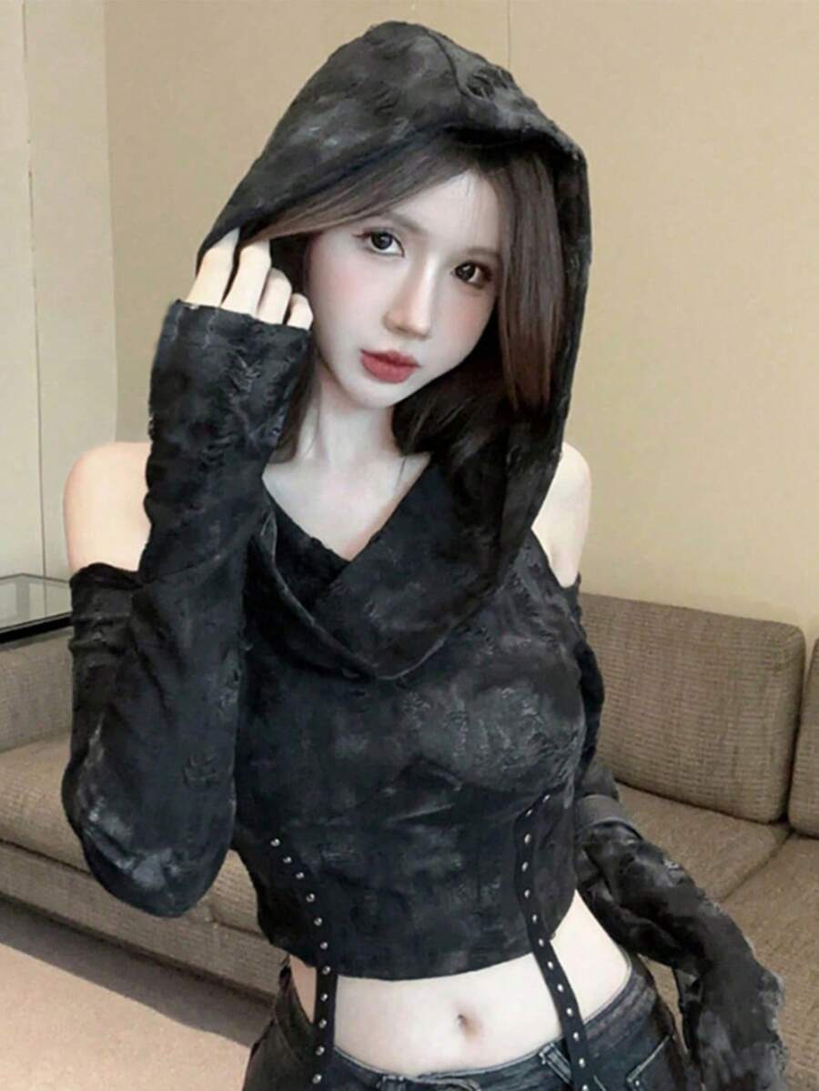做旧手工露肩短款连帽T恤，长袖，修身剪裁，女士休闲春季个性化短款上衣 - 彩色 - 查看 1