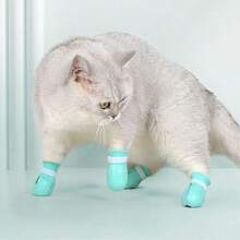 4pcs Silicone Anti-Scratch Cat Paw Protectors In Teal, Blue, & Red - Ideal For Bathing, Medication, Nail Trimming & Grooming - Durable Claw Covers For Cats