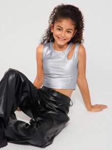 Radiana Tween Girls' Sports Street Fashion Elastic Faux Leather Sleeveless Tank Top - Silver - View 1