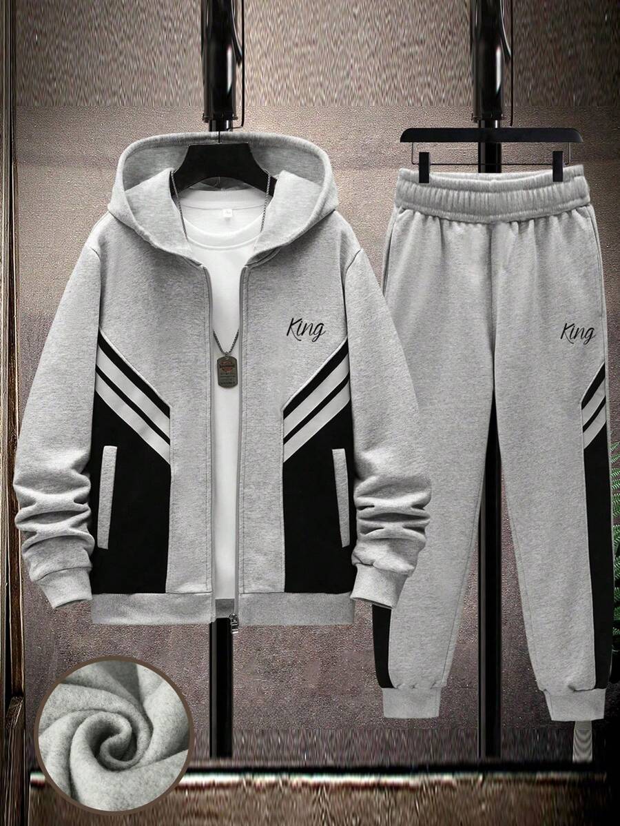 2pcs/Set Boys & Teens Casual Sports Contrast Color KING Print Hoodie Sweatshirt And Contrast Color Pants Set, Spring/Autumn - Light Grey - View 1