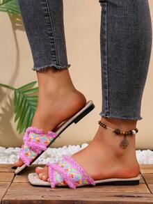 2025 New Pink Fringed Woven Pattern Open Toe Women Slippers - Baby Pink - View 3