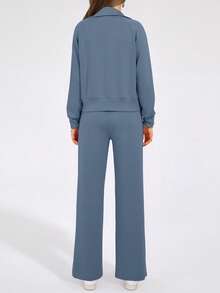 Women's 2 Piece Outfits Casual Lapel Half Zip Sweatshirts And Wide Leg Pants Tracksuit Sets - 灰藍色 - 查看 2
