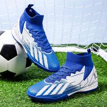 أحذية كرة القدم للرجال، أحذية كرة القدم للنساء، مناسبة للأرض الاصطناعية والأرض الصلبة الداخلية والخارجية، تصميم عالي الأعلى مدبب، مناسبة لتدريب اللاعبين المحترفين الشباب، أحذية رياضية احترافية مزودة بمسامير للأرض الاصطناعية - ازرق وابيض - مشاهدة 2