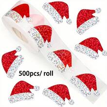 500 ملصق قبعة سانتا كلوز الحمراء اللامعة - مقصوصة بالليزر ذاتية اللصق مقاومة للماء لتزيين بطاقات العطلات والهدايا وديكورات الحفلات - لاستخدام مرة واحدة، لوازم حفلات عيد الميلاد، اكسسوارات عيد الميلاد، ديكور الهدايا، نهاية لامعة