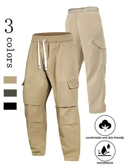 Men's Casual Cargo Pants, 100% Polyester Non-Stretch Woven Fabric, Regular Fit, With Elastic Waistband And Flap Pocket, Outdoor Utility Pants