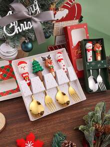 Set di posate natalizie, regali di Natale, set portatile da 2 pezzi/4 pezzi/6 pezzi in acciaio inossidabile 304, set di posate riutilizzabili con cucchiaio e forchetta, con scatola di stoccaggio, adatto per picnic e uso quotidiano, accessori da cucina