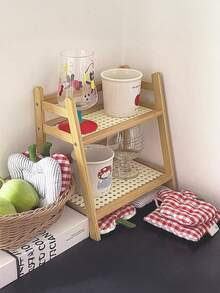 1pc-Narrow Mug Holder Countertop, Wicker-Look Tea And Coffee Bar Station Organizer, Bamboo Matcha Stand, Cup Display Shelf, Condiment Storage Rack For Kitchen Counter Cabinet, 2 Tier