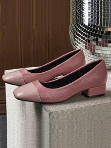 优雅女士紫色和粉色粗跟高帮鞋 - 时尚双色设计，轻质合成鞋面，透气休闲风格，浅口鞋，秋季，低厚鞋底舒适，日常时尚高跟鞋 | 时尚鞋头设计 | 透气结构 - 粉色 - 查看 4