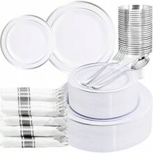 New Style 210 Piece Silver Plastic Dinnerware Set For 30 Guests Plastic Plates For Party Include: 30 Dinner Plates 30 Dessert Plates 30 Pre Rolled Napkins With Silver Silverware And 30 Silver Cups Good Products Are Convenient Fast And Efficient.
