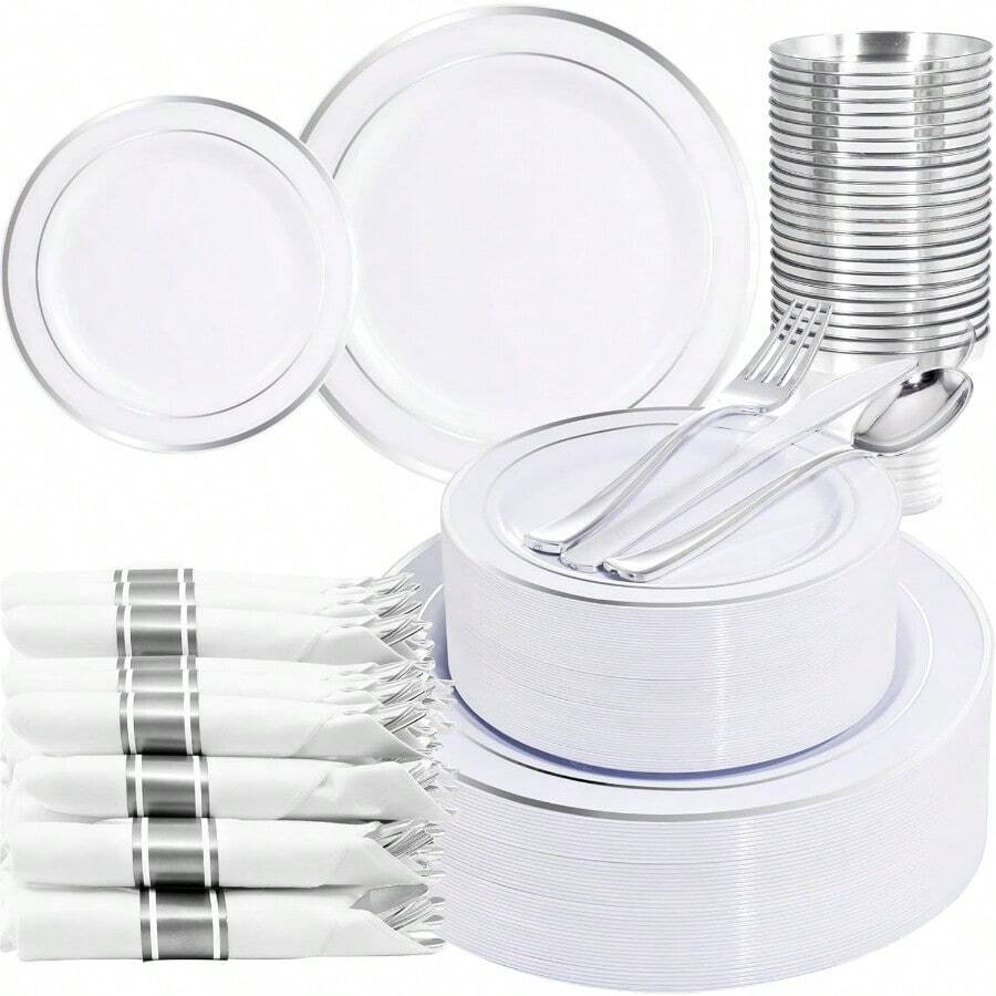 New Style 210 Piece Silver Plastic Dinnerware Set For 30 Guests Plastic Plates For Party Include: 30 Dinner Plates 30 Dessert Plates 30 Pre Rolled Napkins With Silver Silverware And 30 Silver Cups Good Products Are Convenient Fast And Efficient.