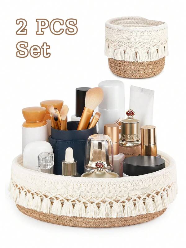 مجموعة من 2 سلة تخزين بطراز بوبو، سلال زخرفية مصنوعة يدويًا، منظمات مكتبية للمستحضرات التجميلية والعطور والعناية بالبشرة ومستحضرات التجميل وفرش المكياج وصناديق تخزين الجمال وحاملات الأقلام، حاويات تخزين للحمام للمستلزمات الصحية والمناشف والصابون اليدوي