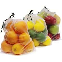 Reusable Mesh Produce Bags - Washable Set Of 9 Premium Bags, TRANSPARENT Lightweight, Strong SEE-THROUGH Mesh For Shopping, Transporting And Storing Fruits And Veggies.