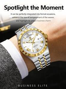POEDAGAR 1pc Business Classic Men's Week Date Stainless Steel Quartz Watch For Man, Casual Waterproof Luminous Men Wristwatch, Fashion Luxury Male Watches Suitable For Office Occasion, Holiday Gifts For Men - 彩色 - 查看 10