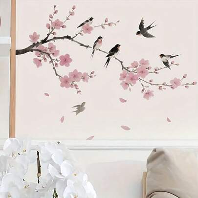 粉色花朵和树枝厕所墙贴，适用于酒店、家庭、办公室、卧室、客厅、厨房、餐厅、浴室的装饰，自粘可移除 PVC 墙贴
