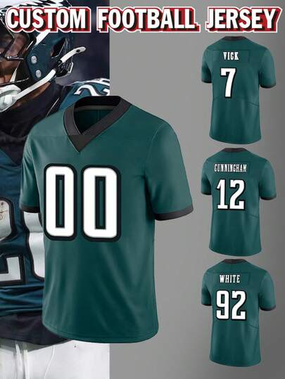 Customized Name & Number Men's Embroidered American Football Jersey, Philadelphia Green V-Neck, Personalized Short Sleeve Shirt, Suitable For Party, Match, Training, Competition, DIY Style, Size S-XXL