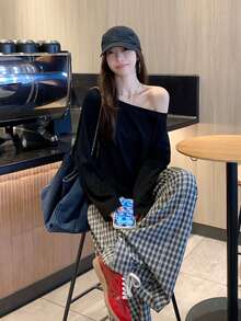 Loose Fit Versatile Off Shoulder Long Sleeve T-Shirt, Elegant Casual Layering Top, Spring/Summer