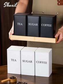 shoxil 三件套厨房储物罐，咖啡茶糖罐套装，白色/黑色带盖储物罐，配竹勺，复古金属密封盖储物罐套装，适用于存放咖啡、茶、糖等食品，厨房收纳，餐厅、客厅、茶室皆宜，馈赠亲友佳品 - 彩色 - 查看 2