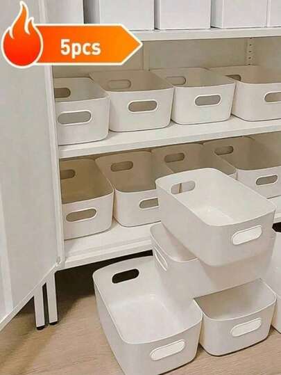 5件套白色收纳盒、办公桌收纳盒、家用化妆品收纳盒、浴室/厨房/卧室杂物零食收纳盒、厨房冰箱食品收纳盒、教室笔收纳盒、家居装饰、派对和圣诞节收纳