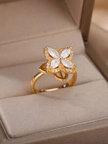 Nhẫn xoay bốn cánh hình cỏ bốn lá giảm lo âu dành cho nữ, màu vàng, làm bằng thép không gỉ, có thể điều chỉnh kích thước, kiểu nhẫn cưới, trang sức thẩm mỹ, quà tặng. - JZ8154 - Xem 3