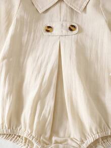 Infant Boys' Casual Solid Color Lapel Long Sleeve Romper, Relaxed Holiday Style Infant Clothing, Woven Soft & Comfortable, Half-Open Button Design, Suitable For Spring/Summer Outings, Family Vacations, Parties And Everyday Wear - Apricot - View 6