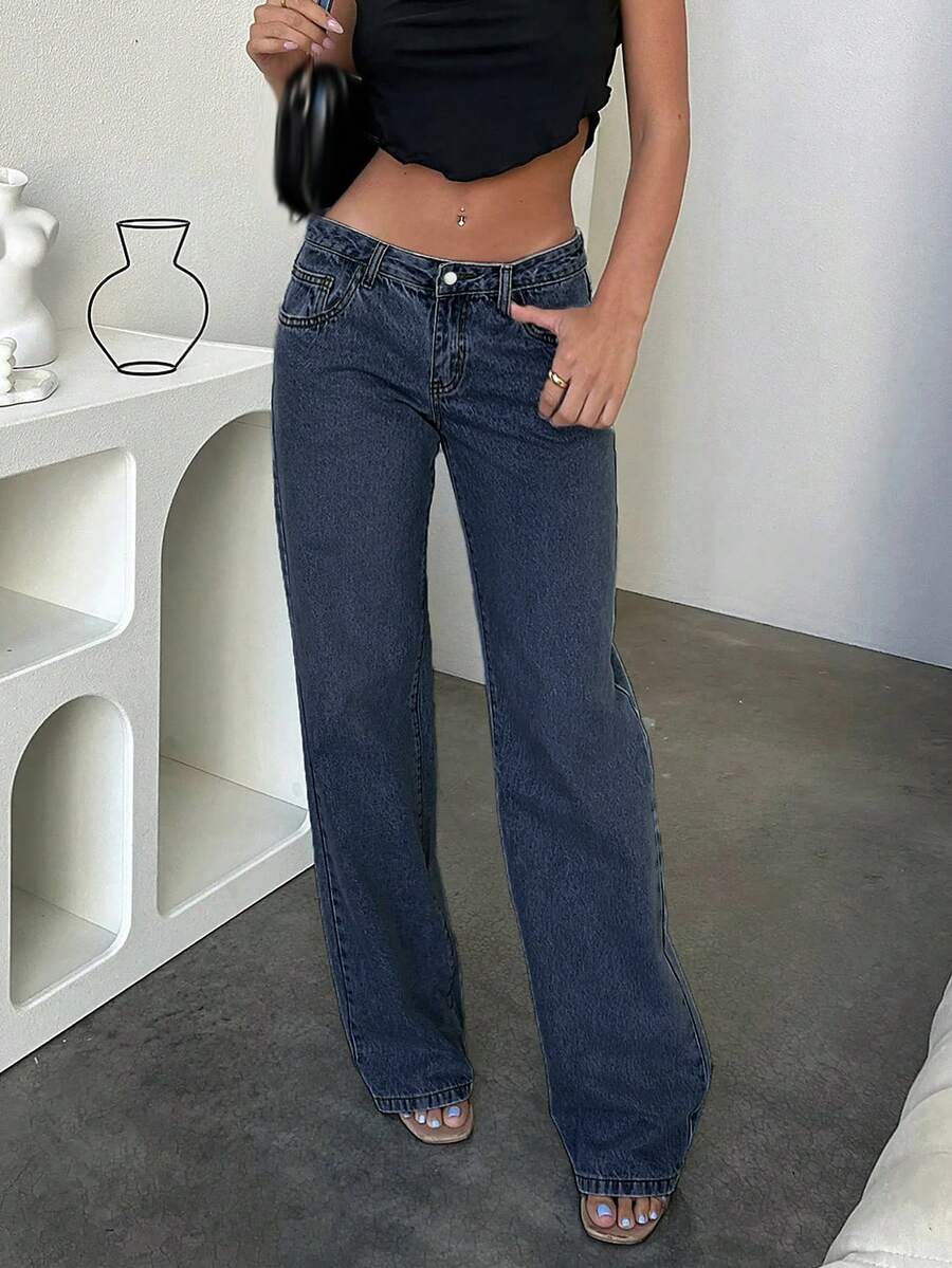 Neue beliebte europäisch-amerikanische Straßenmode, einfache täglich Pendelstil Lässig Straight-Cut Damenjeans mit niedriger Taille - Dunkle Waschung - Übersicht 1