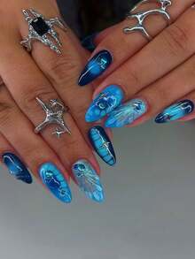 24 件/套法式杏仁形海洋风格 3D 闪光贝壳鳄鱼图案按压式假指甲美甲用品，包括 1 个果冻胶和 1 个指甲锉，非常适合女士和女孩度假、约会和日常佩戴 - 彩色 - 查看 2