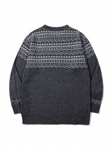 男士宽松北欧风几何图案圆领套头毛衣，男女通用款，秋冬季长袖针织衫 - 灰色 - 查看 7