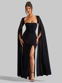 Halloween Elegant Strapless Black Long Sleeve Maxi Long Dress For Women Ruched Slit Dress Wedding Night Out Evening Cocktail Party Dress Sexy Halloween Clothes