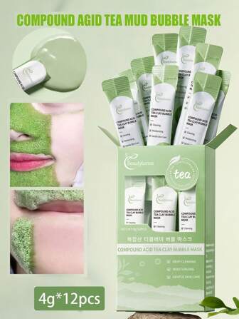 12 piezas Mascarilla facial de limpieza con ácido complejo y burbuja 4g*12, altamente hidratante, efectiva hidratación profunda, iluminadora, reafirmante, calmante para piel seca, suavizante, mejora la elasticidad de la piel