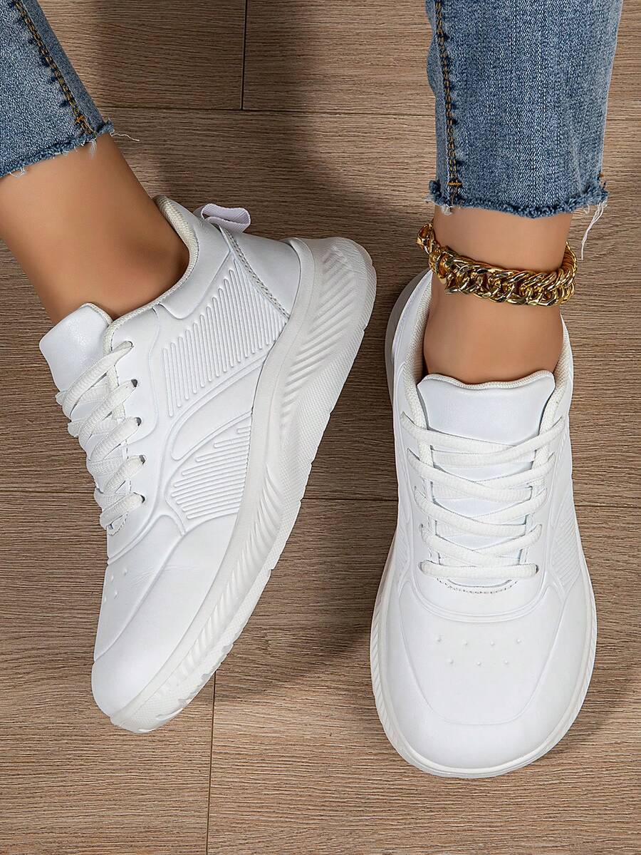 Tênis Feminino Plus Size De Cano Baixo, De Branco, Com Cadarço, Para Atividades Ao Ar Livre, Tênis De Corrida Casual Antiderrapante E À Prova D'Água, Adequados Para Primavera, Outono E Todas As Estações - Branco - Ver 1