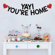 一套“耶，你回家了！”闪光三角旗横幅，趣味欢迎回家派对装饰，男女通用，返校季，军人返乡，家庭团聚派对悬挂旗帜 - 彩色 - 查看 2