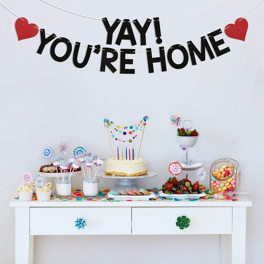一套“耶，你回家了！”闪光三角旗横幅，趣味欢迎回家派对装饰，男女通用，返校季，军人返乡，家庭团聚派对悬挂旗帜