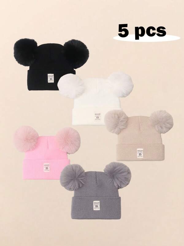 5pcs/Set Baby Beanie Hat Adorable Pom Pom Knit Beanie Hats - Winter Accessories For Kids - Soft, Warm, And Colorful Headwear For Children