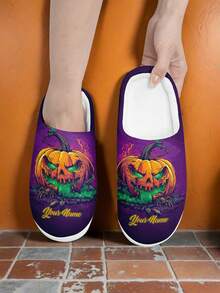 Pantoufles personnalisées pour hommes pour Halloween, chaussons d'intérieur moelleux avec design citrouille, ultra doux, chauds et confortables pour hommes et femmes, cadeau d'Halloween amusant pour maman/papa/elle/lui/petite amie/petit ami/épouse/mari/ami - Multicolore - Voir 5