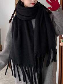 1pc Modern Minimalist Solid Color Fluffy Tassel Warm And Comfortable Shawl Scarf For Women, Suitable For Daily Outings, Commuting, Parties, Leisure, Balls, And Other Occasions, Fashionable And Elegant Women's Accessory - Army Green - View 6