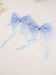 10pcs/Set Girls Colorful Ribbon Pearl Chain Bow Hairpins Heart Rhinestone Bow Decor Cute Hair Clips, Suitable For Daily Use - Multicolor - View 5