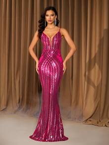 Women's Contrast Color Sequin Mermaid Maxi Dress, Elegant Evening Gown - Hot Pink - View 3