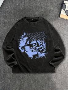 Rock Skeleton “幻影” 男士做旧圆领长袖T恤 - 黑色 - 查看 2