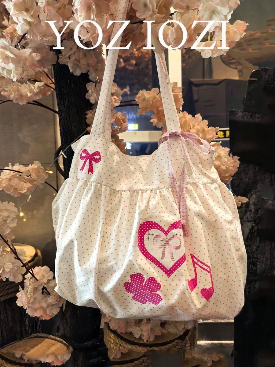 韩版波点心形蝴蝶结休闲校园托特包，百搭时尚适合大学生，大容量通勤单肩包 - 粉色 - 查看 1