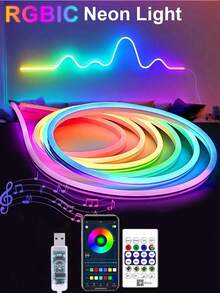 Fita de LED neon 5V RGB IC com sincronização musical USB, fita flexível à prova d'água de 1m, 2m, 3m, 4m e 5m, luzes neon com controle remoto Bluetooth para bar, quarto, cozinha, sala de estar, sala de jogos, lâmpada de decoração externa para festa de aniversário, camping, Halloween, decoração de Natal
