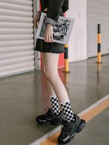 1 Pair Solid Color Checkerboard Pattern Unisex Mid-Calf Socks, Casual Sports Outdoor Wear, Fall - Green - View 14