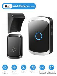 1 Set Wireless Doorbell Kit With Rain Cover, Long Range High Volume Chime, 60 Melodies 5 Volume Levels, Living Room/Garden Reminder, Powered By 3*AAA Batteries/USB (Batteries Not Included) - Black - View 1