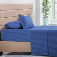 Lux Decor 4 Pc Stripe Bed Sheets High GSM Brushed Microfiber Sheets - Elevate Your Sleep Experience With Deep Pocket Bedding Sheets & Pillowcases-Graduation Gifts, Home Decor, Back-To-School Gift, Valentine's Day Bedroom, Spring Bedding Refresh, Guest Room Essentials, Dorm Room Bedding, Premium Bed Linens, Easy Care Sheets, Hypoallergenic Fabric, Year-Round Comfort, Master Bedroom Update, Matching Bedding Set, Hotel Quality Linens, Everyday Use, Classic Look, Home Basic - 藏蓝色 - 查看 5