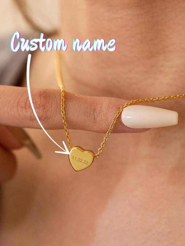 1PC Personalized Engraved Heart Necklace, Minimalist Heart Name Necklace, Memorable Date Charm, Custom Necklace For Her, Bridesmaid Gifts