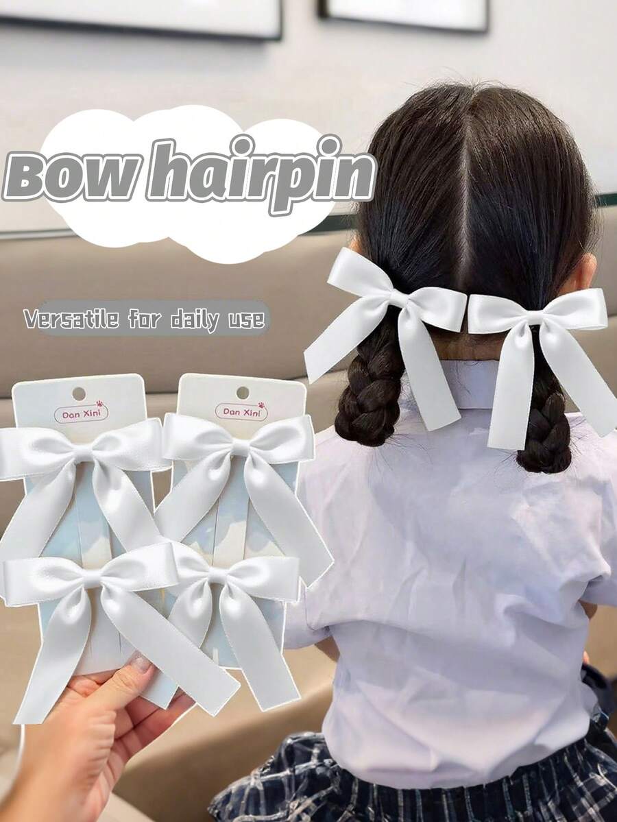 2pcs Girls' Simple Fashion Cute Daily Versatile Satin Ribbon Bow Hair Clips, Multi-Size - White - View 1