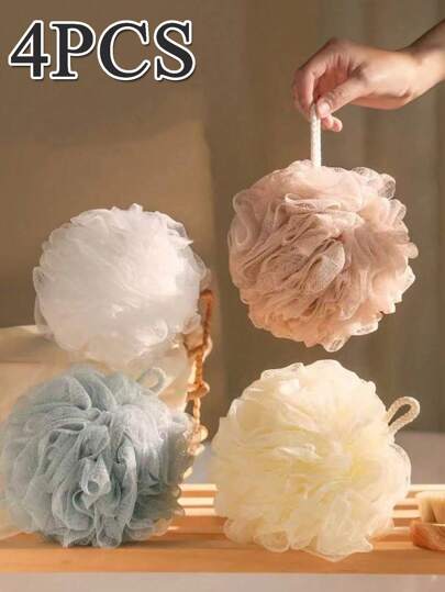 4PCS Exfoliating Loofah Sponge, 4 Pcs Lace Super Exfoliating Home Spa Shower Loofah Sponge, Fluffy Mesh Brush, Bath Spa Puff Scrub Ball For Face And Body, Rich Foam Bubble Net Shower Loofah, Bath Flower Ball, Bath Sponge Tennis Ball For Bath Back Scrubber, Bathroom Accessories, Household Supplies, Student Supplies, Back To School, Student Dormitory Supplies