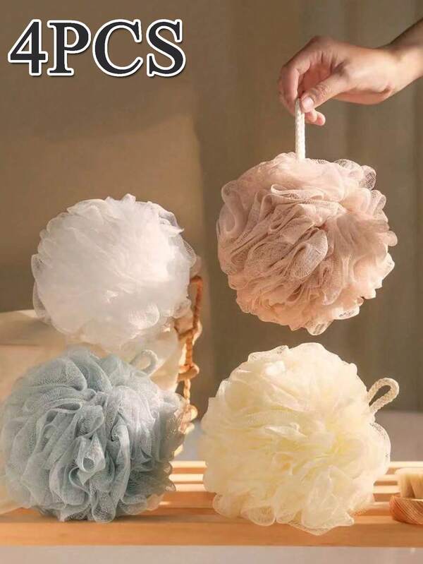 4PCS Exfoliating Loofah Sponge, 4 Pcs Lace Super Exfoliating Home Spa Shower Loofah Sponge, Fluffy Mesh Brush, Bath Spa Puff Scrub Ball For Face And Body, Rich Foam Bubble Net Shower Loofah, Bath Flower Ball, Bath Sponge Tennis Ball For Bath Back Scrubber, Bathroom Accessories, Household Supplies, Student Supplies, Back To School, Student Dormitory Supplies